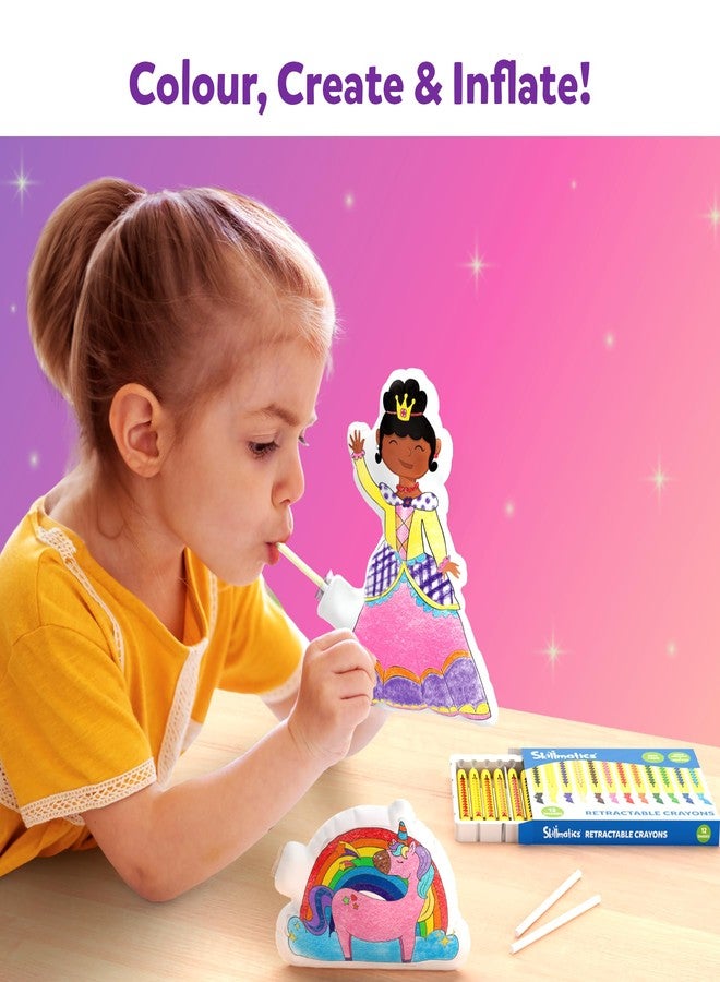 Skillmatics Inflatable Art Unicorns & Princesses - 3D DIY Craft Kit for Kids, Mess-Free Colouring Set with Crayons & Straws, Gift for Girls & Boys Ages 4, 5, 6, 7 - Image 2
